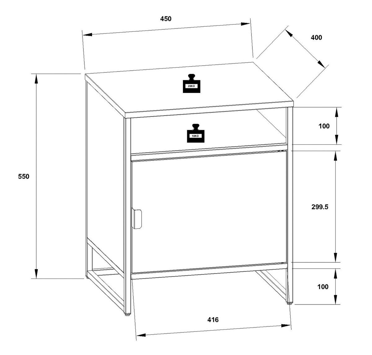 Nachkästchen Weiß H: 55 cm Flokas L - Schwarz/Weiß, MODERN, Holzwerkstoff (45/55/40cm) - MID.YOU