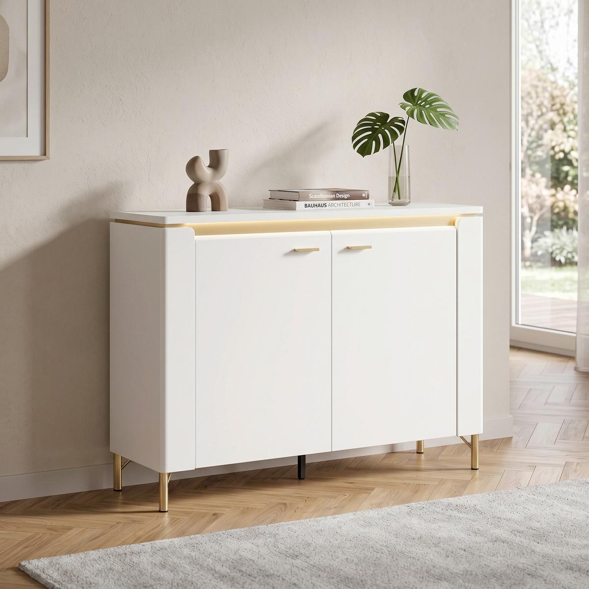 Sideboard Lazio Weiß B: 110,4 cm - Weiß Hochglanz/Goldfarben, Trend, Holzwerkstoff (110,4/87,3/40cm)