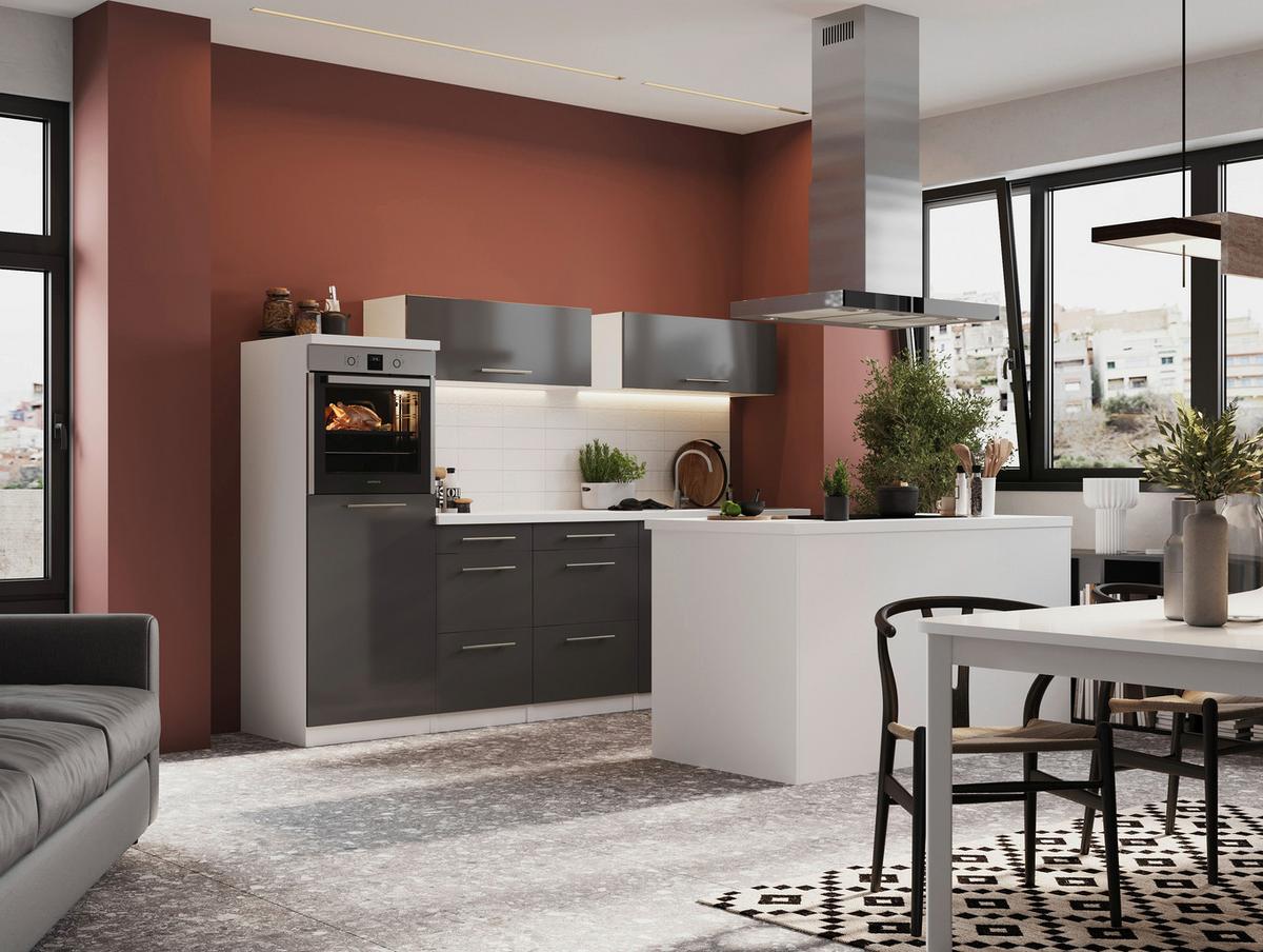 Küchenzeile Premium mit Geräte 280 cm Grau/Weiß + Kochinsel - Weiß/Grau, MODERN, Holzwerkstoff (280/160cm) - Respekta