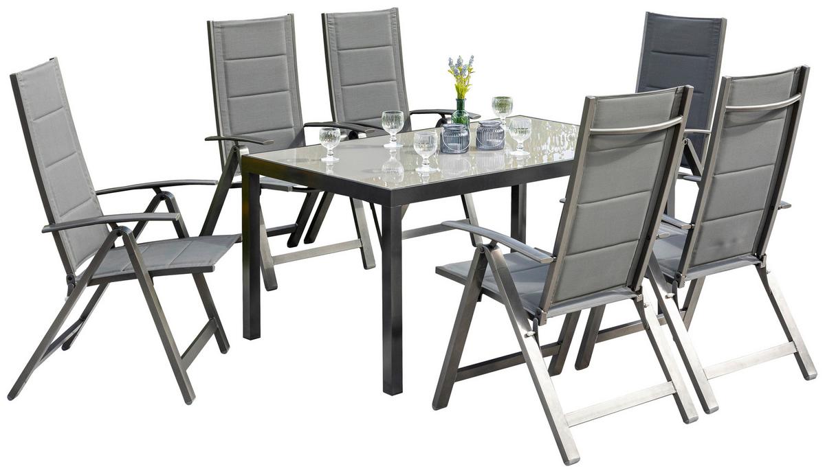 Gartenmöbel Set 7-Tlg. Florenz aus Aluminium - Dunkelgrau/Graphitfarben, KONVENTIONELL, Glas/Textil - Gardenson