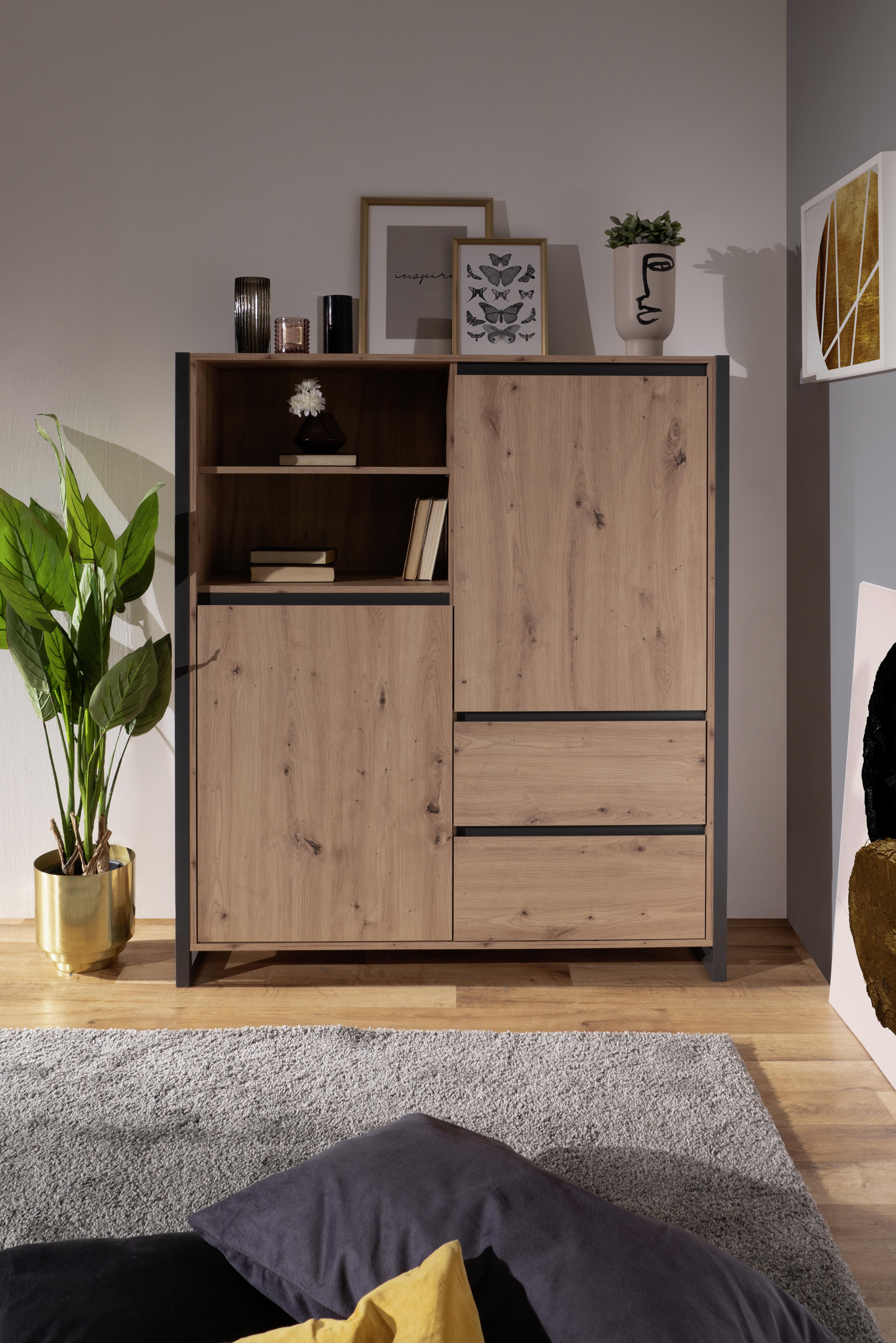 Highboard grifflos 120 cm Denver 51, Eiche/Anthrazit - Eichefarben/Anthrazit, MODERN, Holzwerkstoff (120/140/40cm) - MID.YOU
