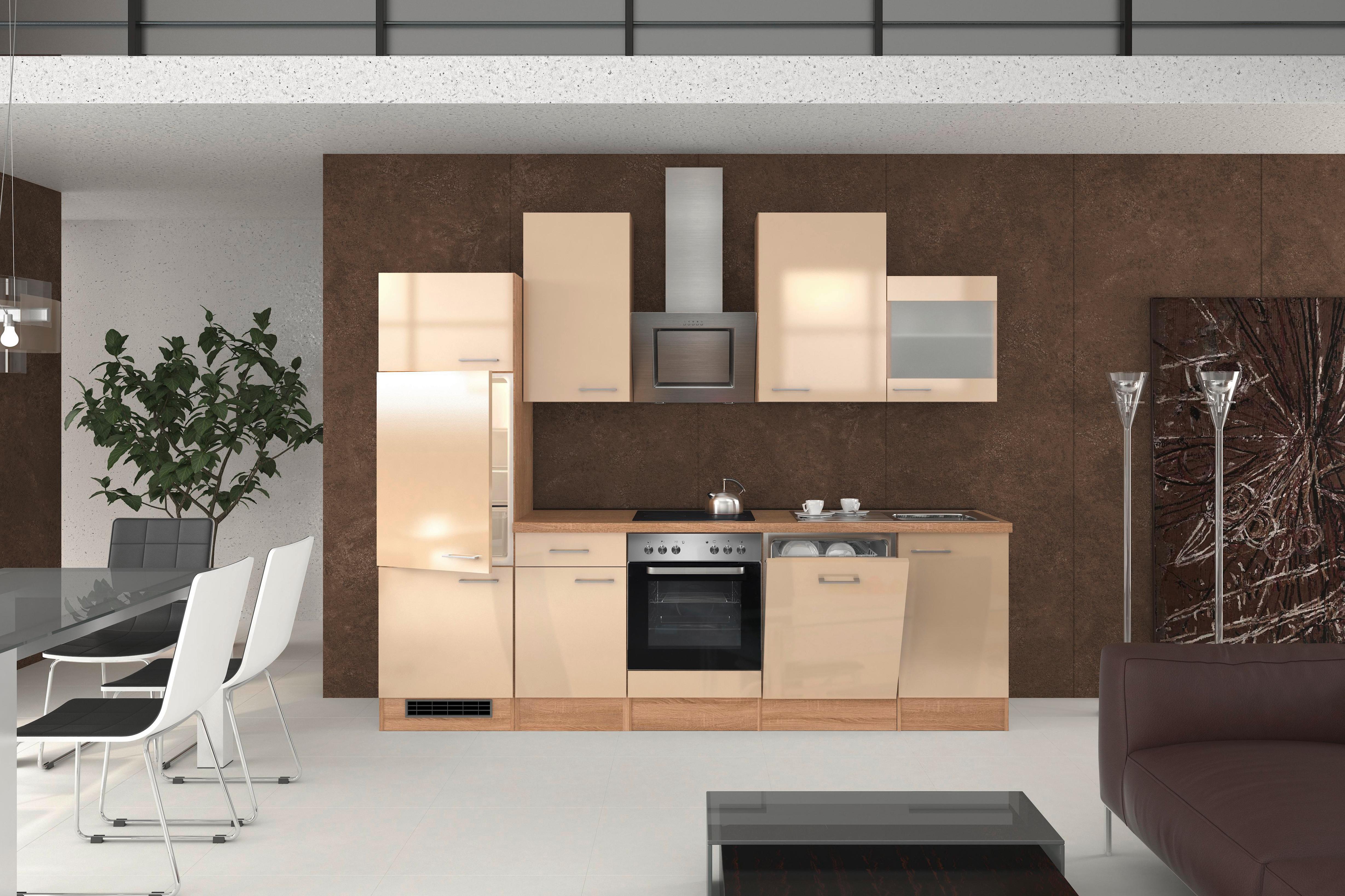 Küchenzeile Nepal mit Geräten 280 cm Kaschmir/Eiche Dekor - Kaschmir/Sonoma Eiche, MODERN, Glas/Holzwerkstoff (280cm) - FlexWell