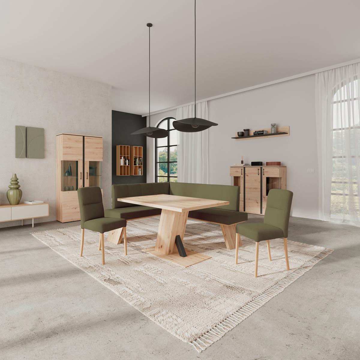 Eckbank Emma Ii Webstoff Moosgrün, B: 150 Cm - Eichefarben/Grün, KONVENTIONELL, Holzwerkstoff/Textil (150/185cm)