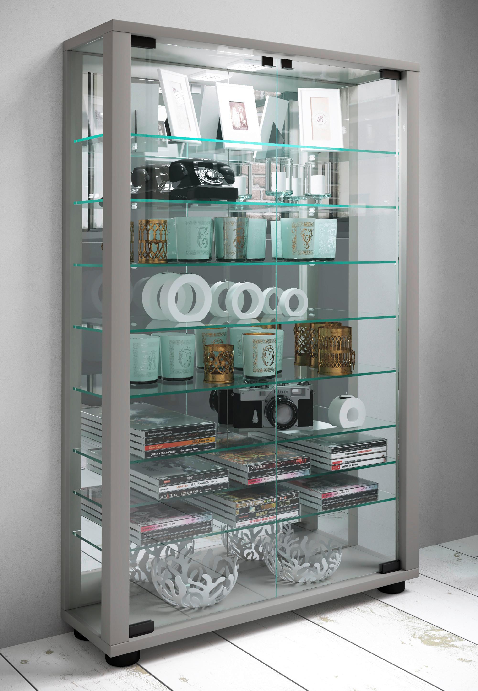 Vitrine Lumo Silberfarben B: 59 cm - Silberfarben/Schwarz, MODERN, Glas/Holzwerkstoff (59/91,3/18cm) - MID.YOU