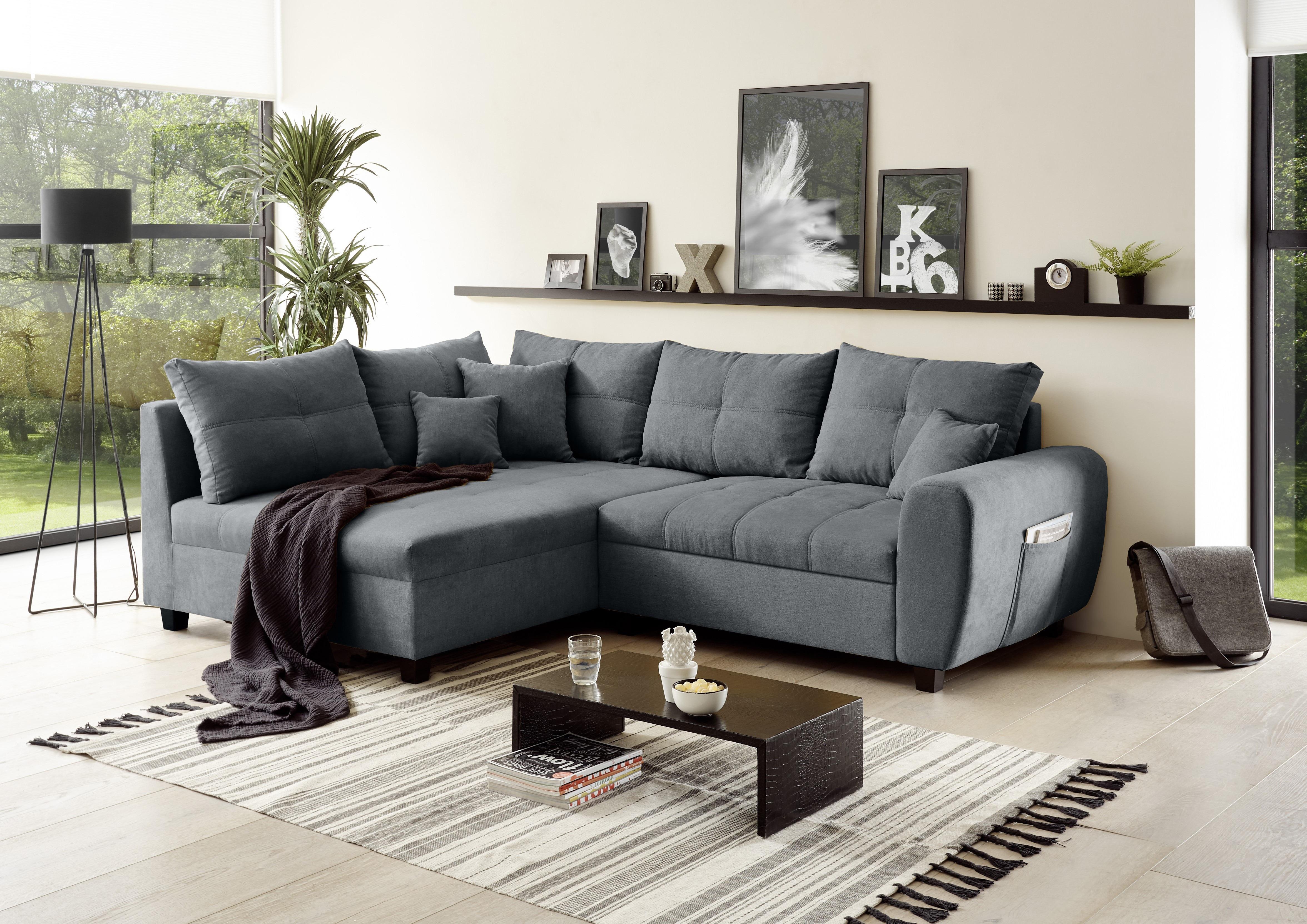 Ecksofa mit Schlaffunktion + Kissen Lea, Polyester-Nylon - Anthrazit, Basics, Textil (176/248cm) - MID.YOU