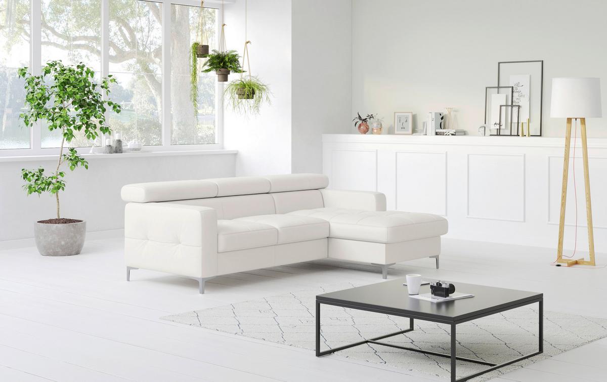 Ecksofa mit Schlaffunktion Sammy Hellgrau - Chromfarben/Weiß, Design, Leder (227/168cm) - Livetastic