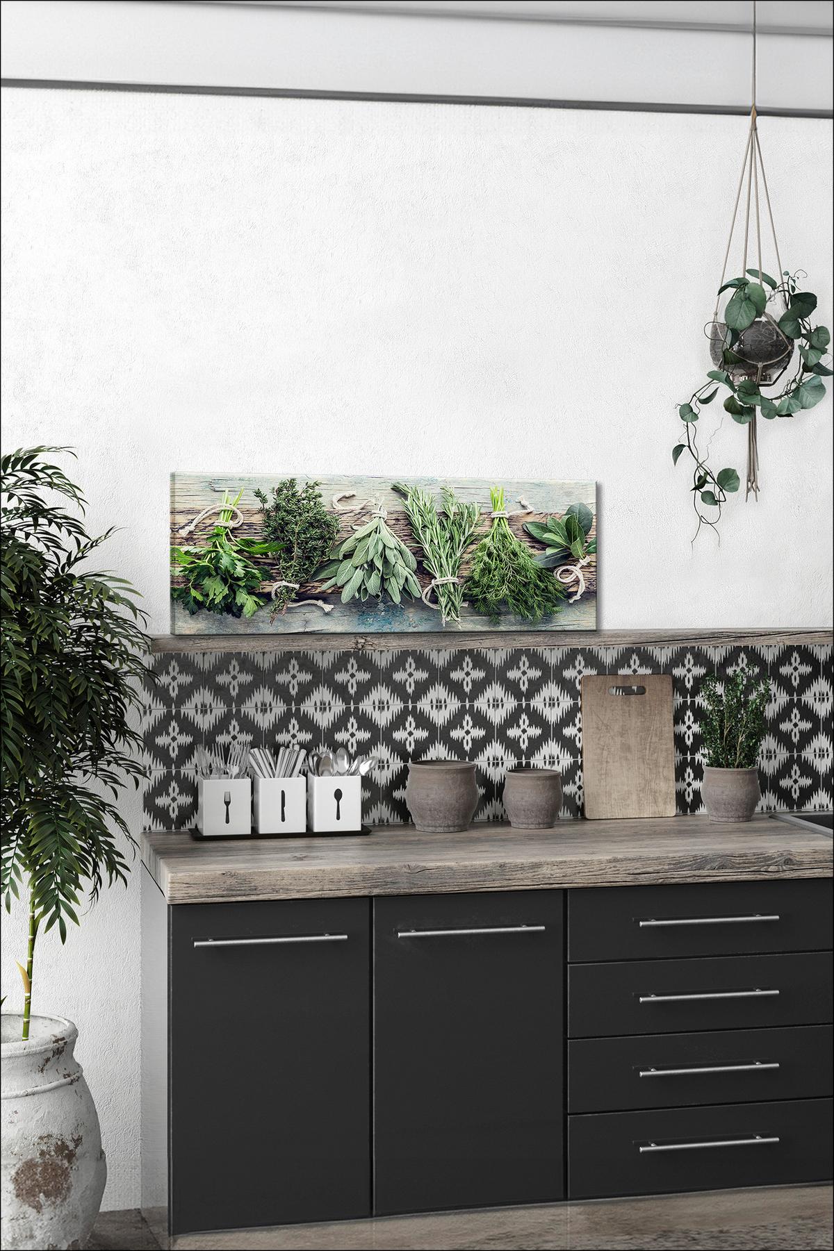 Leinwandbild Herbs On Wood Kräuter Grün/Braun 77x27 cm - Grün, Basics, Papier/Holzwerkstoff (77/27/2cm)