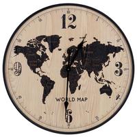 Wanduhr Aras Ø 60 cm Analog Natur/Schwarz Eisen Weltkarte - Schwarz, Basics, Holzwerkstoff/Metall (60cm) - Luca Bessoni