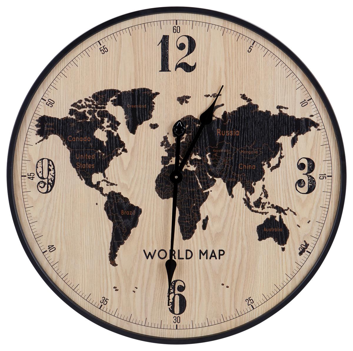 Wanduhr Aras Ø 60 cm Analog Natur/Schwarz Eisen Weltkarte - Schwarz, Basics, Holzwerkstoff/Metall (60cm) - Luca Bessoni