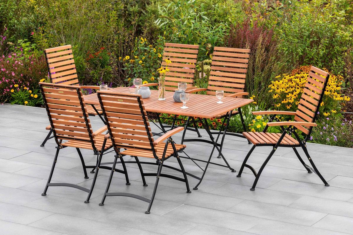 Gartentischgruppe 7tlg. Set - Schwarz/Naturfarben, KONVENTIONELL, Holz/Metall - Gardenson