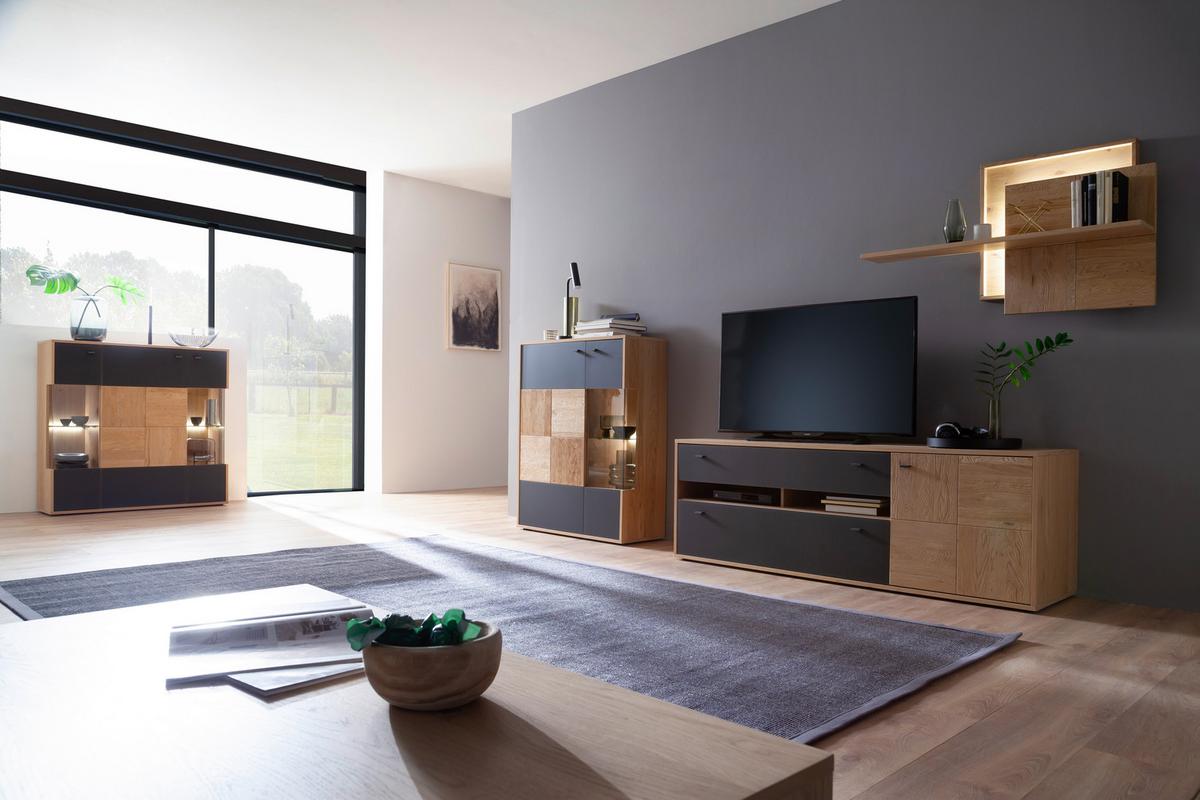 Wohnkombination teilmassiv 3tlg. Valencia Anthrazit/Eiche - Eiche Bianco/Anthrazit, Design, Glas/Holz (328/193/50cm) - MID.YOU