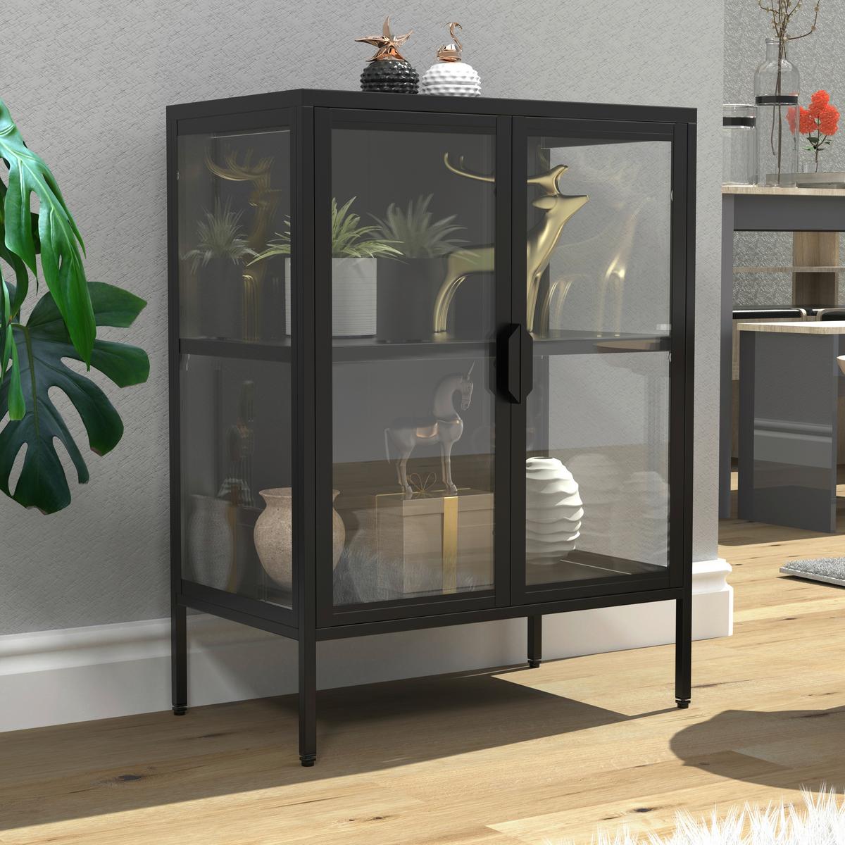 Vitrine Floka Schwarz B: 60 cm - Transparent/Schwarz, Design, Glas/Metall (60/80/35cm) - MID.YOU