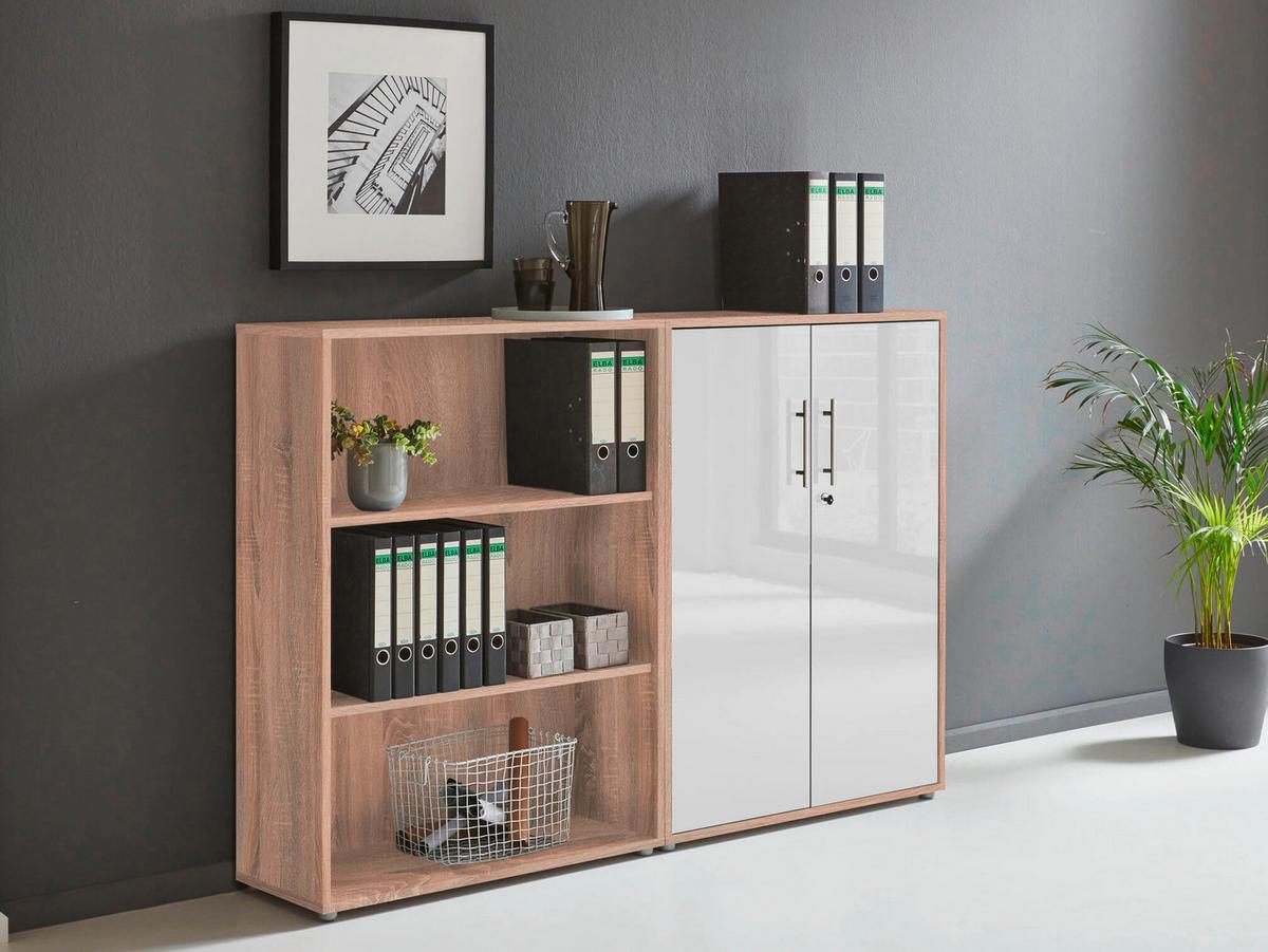 Büro Office Edition Set Sonoma Eiche Dekor/weiß - Weiß Hochglanz/Sonoma Eiche, MODERN, Holzwerkstoff - MID.YOU