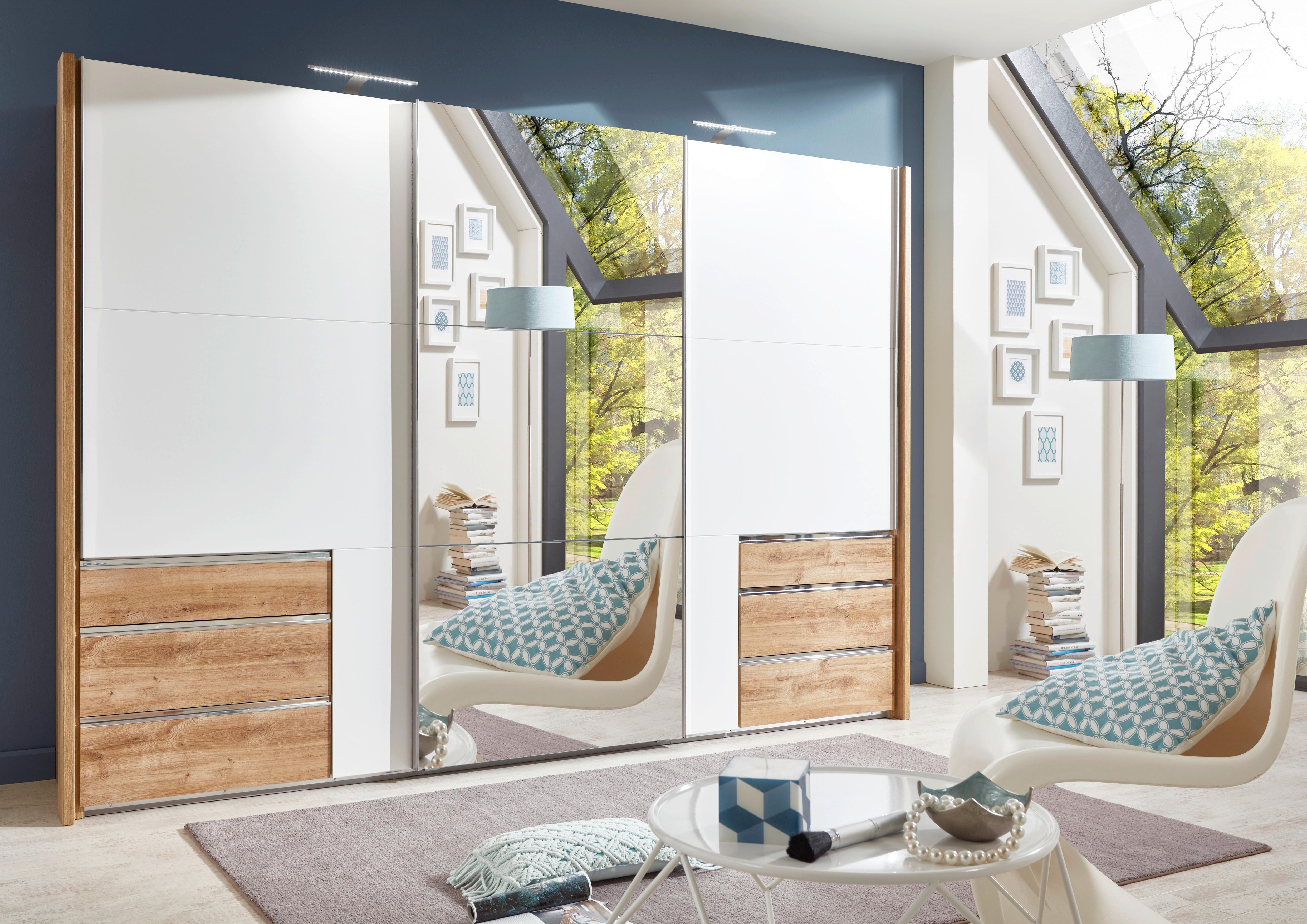 Schwebetürenschrank Level 36 A Weiß/Eiche/Spiegel, B:300cm - Eichefarben/Weiß, MODERN, Glas/Holzwerkstoff (300/216/65cm) - MID.YOU