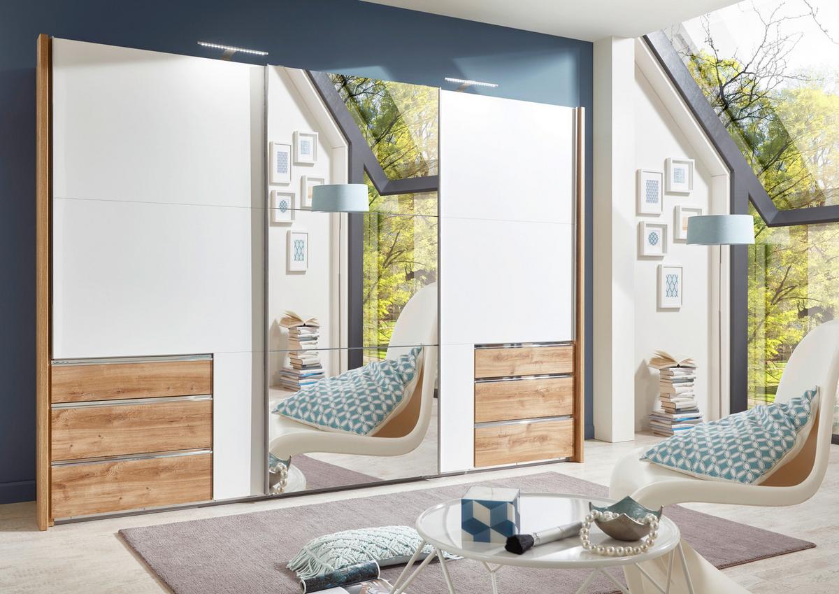 Schwebetürenschrank Level 36 A Weiß/Eiche/Spiegel, B:300cm - Eichefarben/Weiß, MODERN, Glas/Holzwerkstoff (300/216/65cm) - MID.YOU