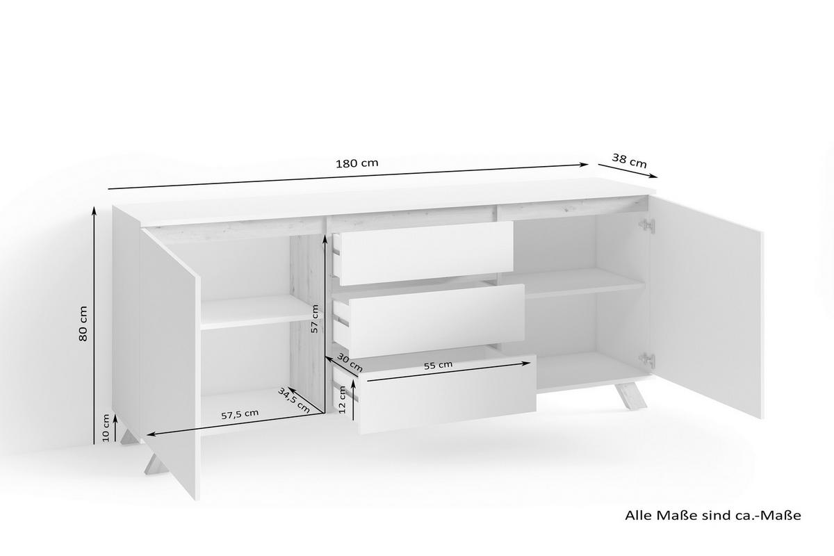Sideboard B: 180 cm Valentin 03, Weiß/Eiche Dekor - Eiche Artisan/Weiß, MODERN, Holzwerkstoff (180/76/38cm) - MID.YOU