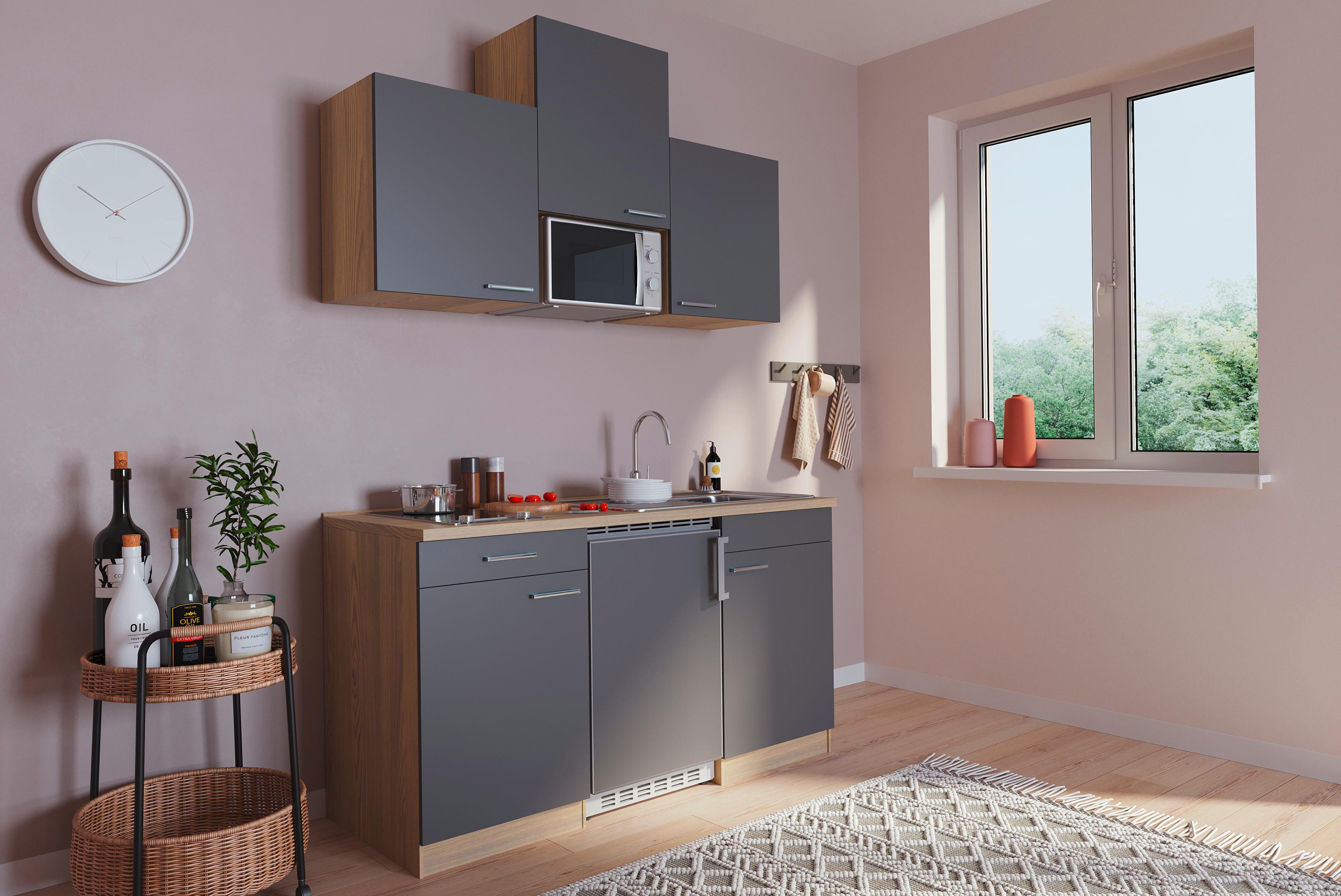 Miniküche mit Mikrowelle + Kühlschrank 150 cm Grau/Eiche - Eichefarben/Grau, Basics, Holzwerkstoff (150cm) - Respekta