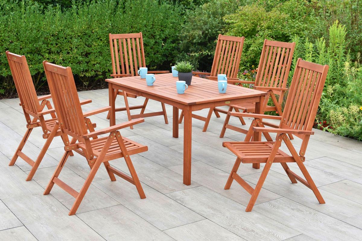 Gartentischgruppe Vitoria 7--Teilig. aus Holz - Eukalyptusholzfarben, KONVENTIONELL, Holz - Gardenson