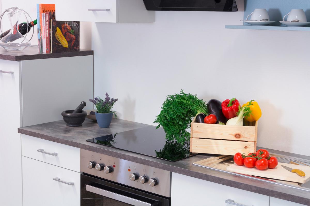 Küchenzeile Lucca Mit Geräten 270 Cm Weiß Dekor Modern - Graubraun/Weiß, KONVENTIONELL, Holzwerkstoff (270cm) - FlexWell