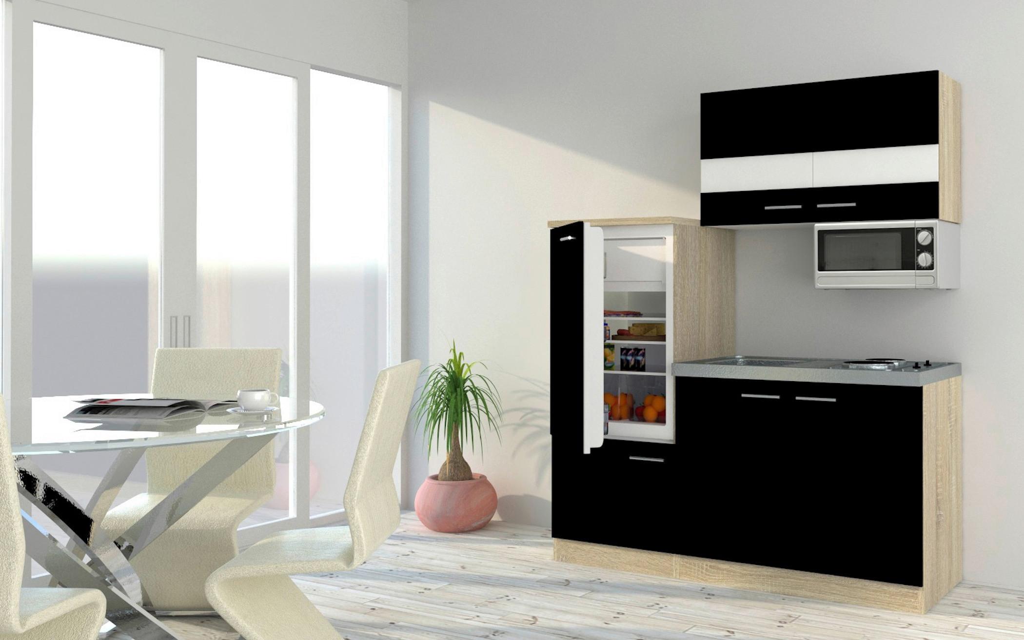 Miniküche mit Kühlschrank + Kochfeld 160 cm Schwarz/Eiche - Eichefarben/Schwarz, Basics, Holzwerkstoff/Metall (160cm) - Respekta