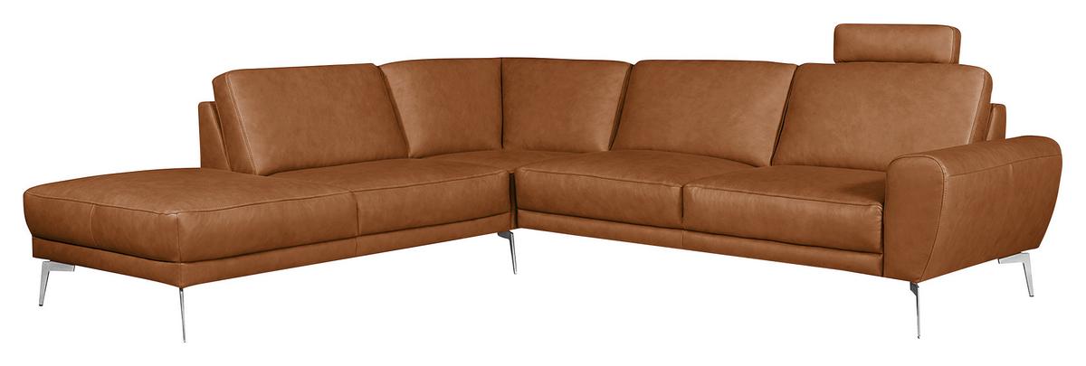 Ecksofa Spring Cognac Chrom, S: 250x273 cm - Chromfarben/Cognac, Design, Leder (250/273cm) - Livetastic
