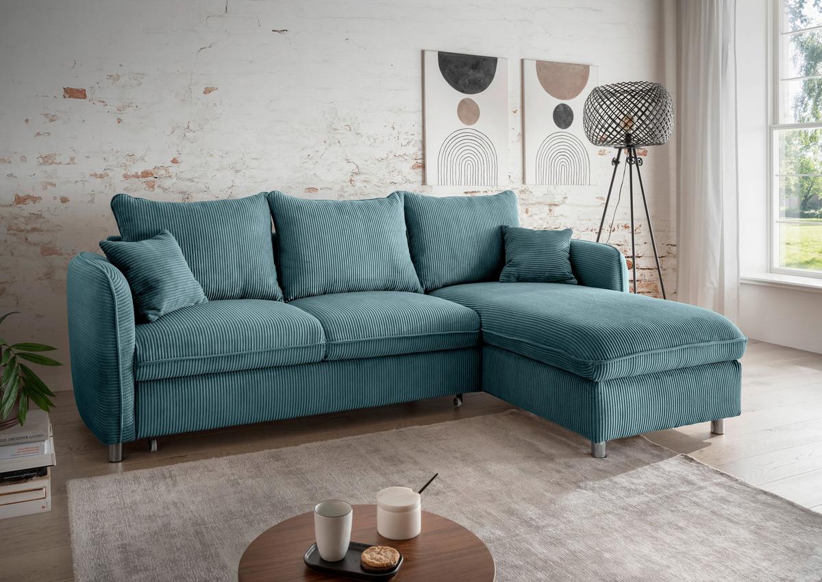 Eckschlafsofa Lauritio Petrol S: 254x160 cm - Chromfarben/Petrol, MODERN, Textil (254/160cm) - Livetastic