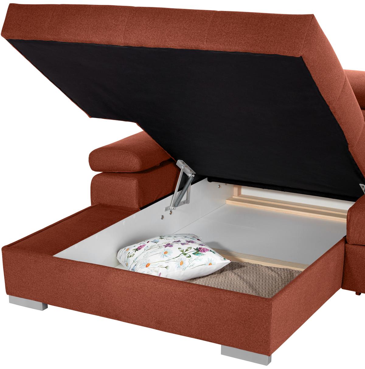 Ecksofa Mit Bettkasten Perry Rostfarben 292x183 Cm - Rostfarben/Silberfarben, Design, Textil (183/292cm) - Livetastic