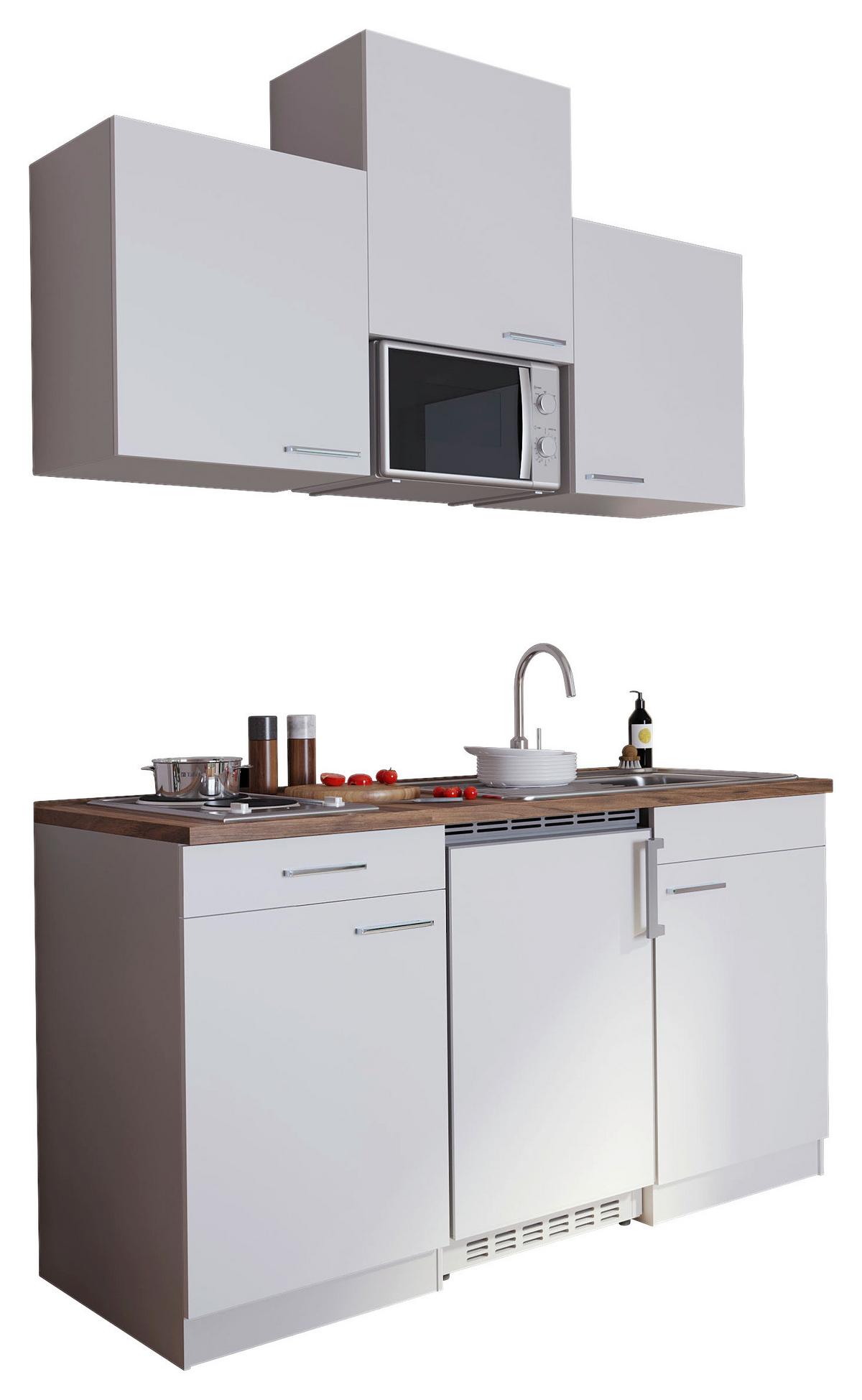 Miniküche Economy M. Geräten 150 Cm Weiß/ Nussbaum Dekor - Nussbaumfarben/Weiß, Basics, Holzwerkstoff (150cm) - Respekta