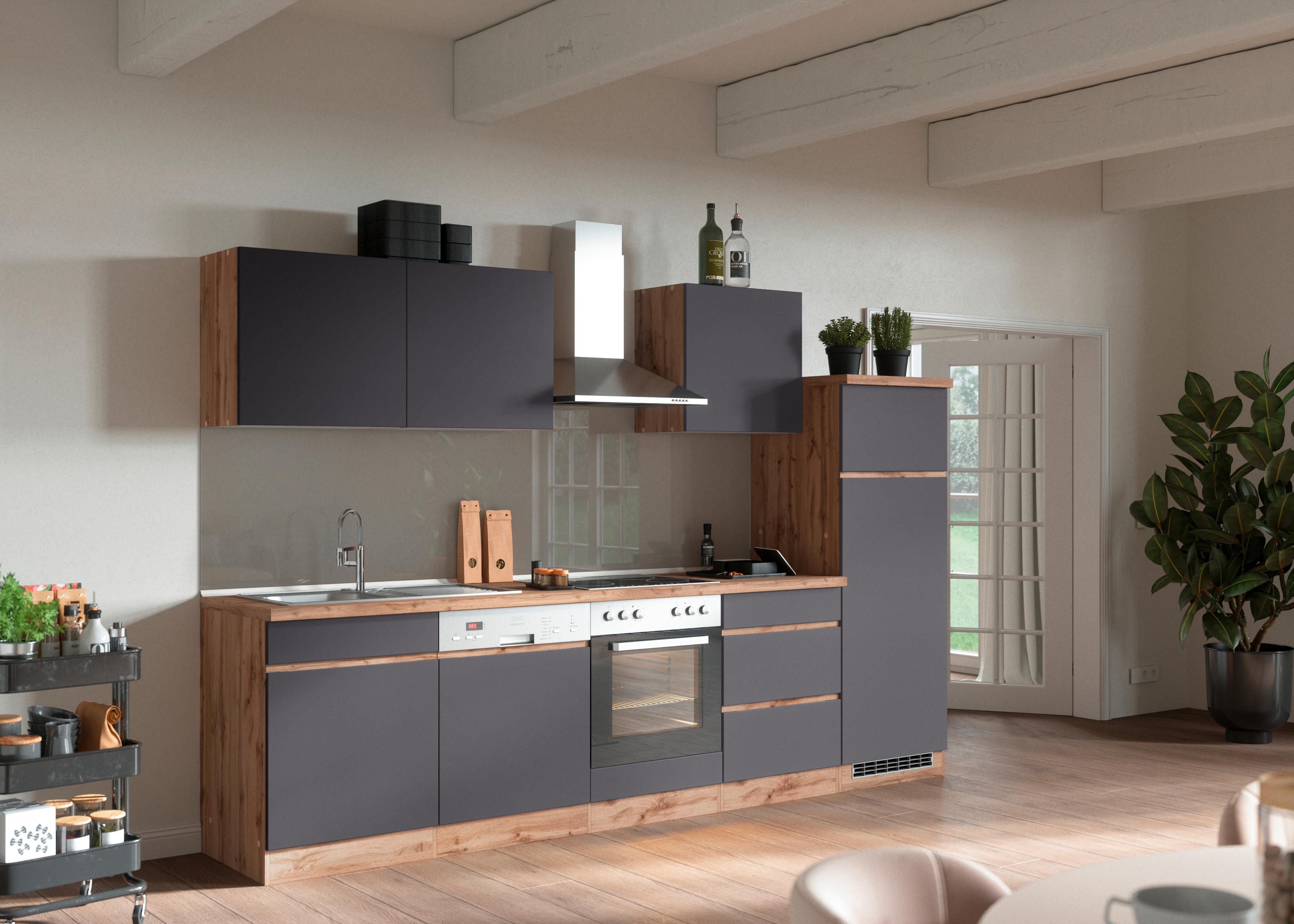Küchenzeile Turin mit Geräten B: 300cm Grau/Wotaneiche Dekor - Eiche Wotan/Grau, Design, Holzwerkstoff (300cm) - Held
