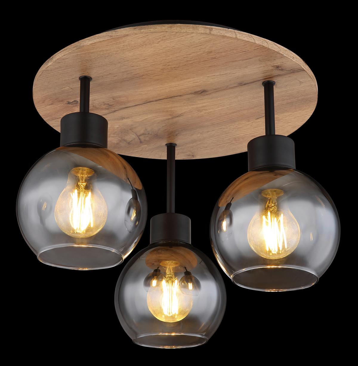 Deckenleuchte 15656-3Dr - Schwarz/Braun, Natur, Glas/Holzwerkstoff (38/30cm) - Globo