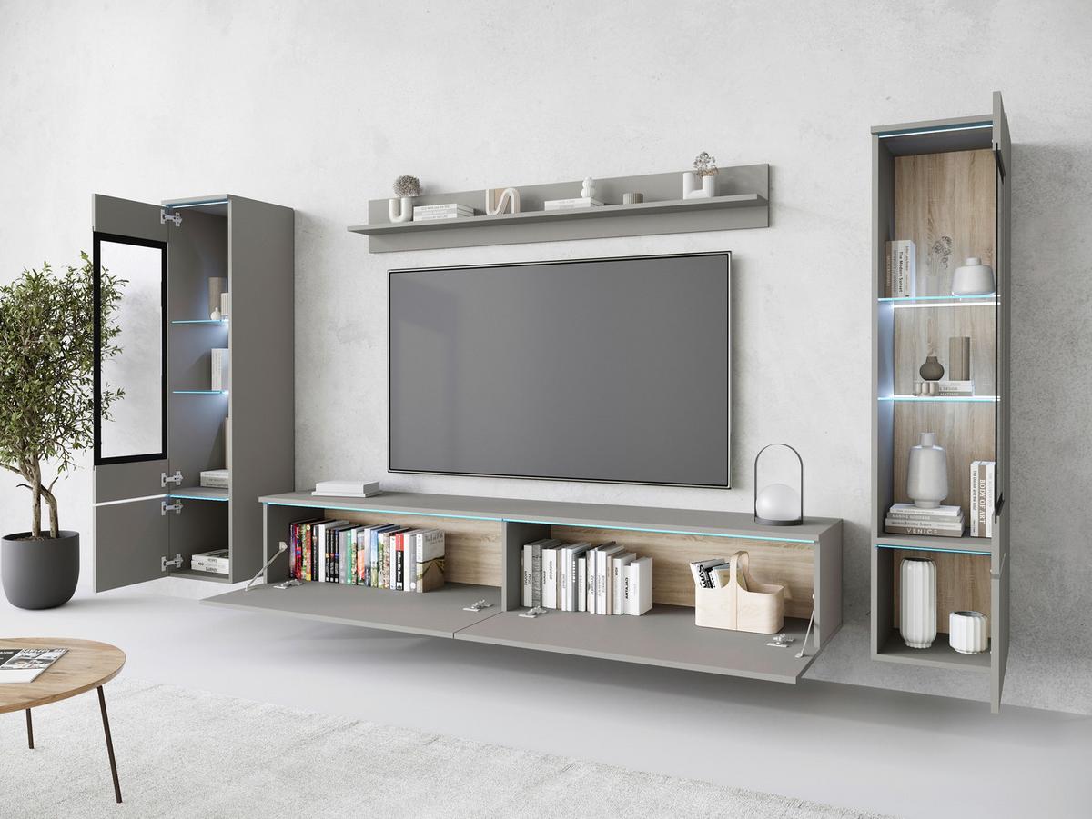 Wohnwand Vera II 4-Teilig Grau B: 240 cm - Grau, Trend, Glas/Holzwerkstoff (240/130/33cm)