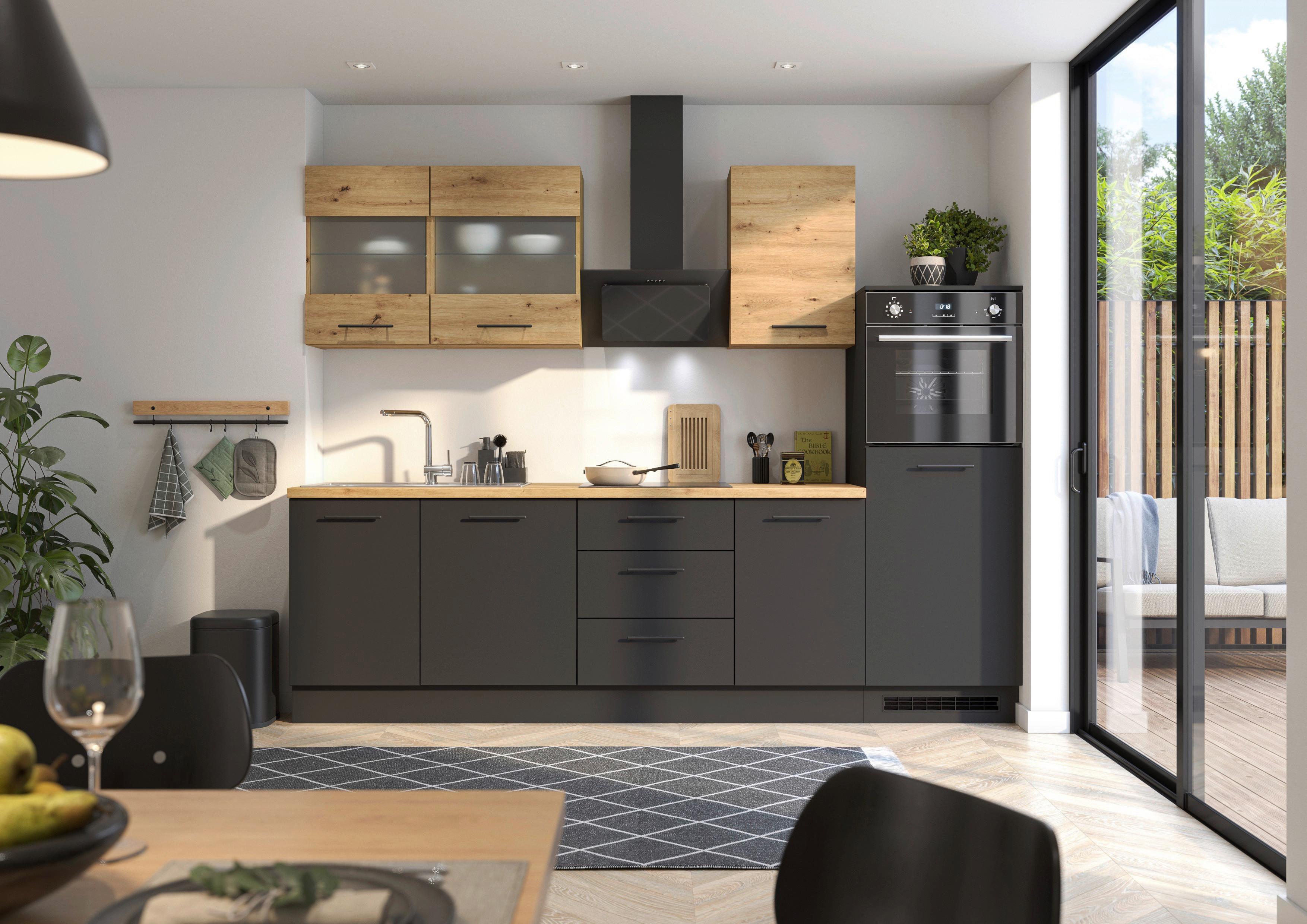 Küchenblock Capri Schwarz/Eiche Dekor B: 280 cm - Schwarz/Eiche Artisan, Basics, Glas/Holzwerkstoff (280cm) - MID.YOU