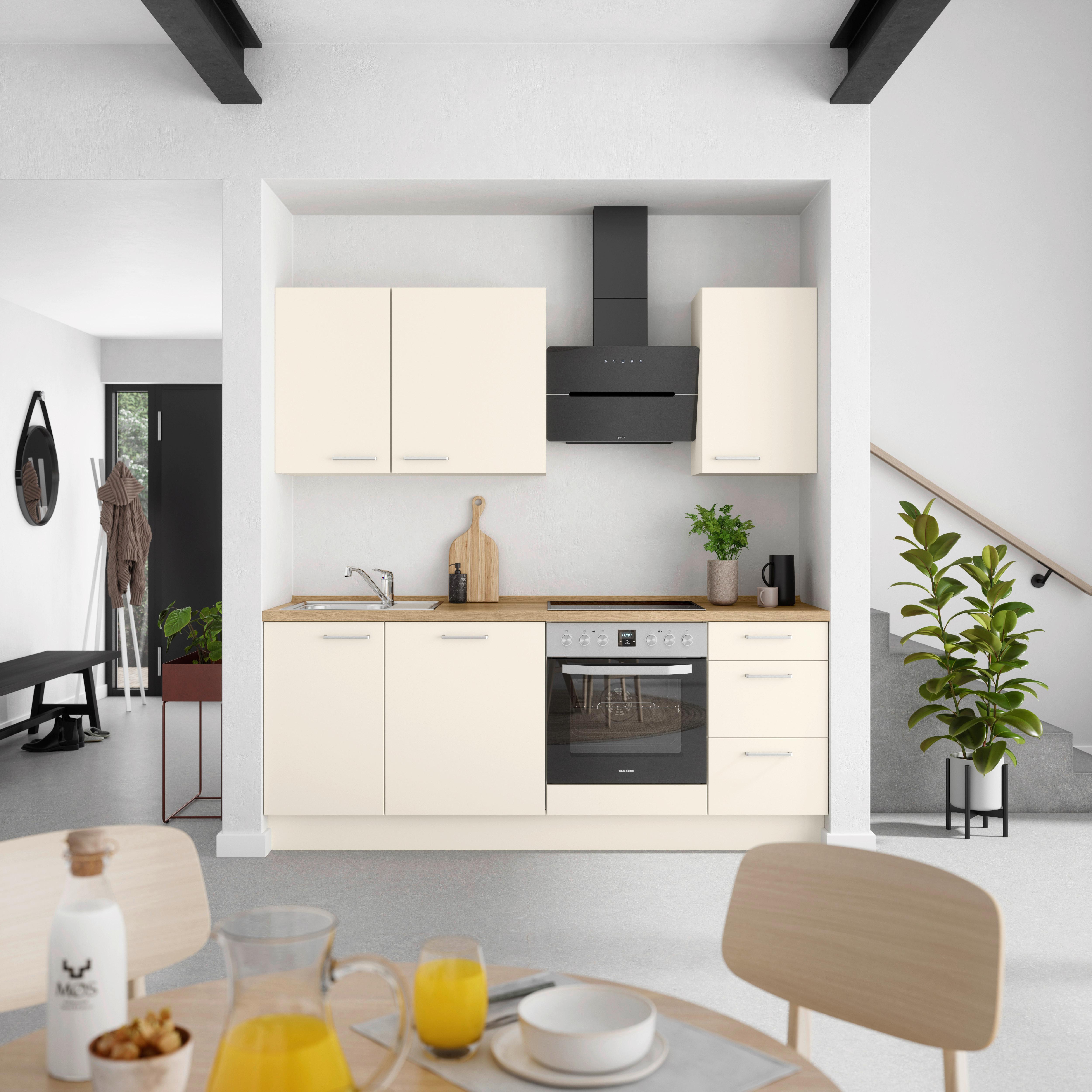 Kuchynská linka 210 cm, magnóliová supermatná - barvy dubu/magnolie, Moderní, kov/kompozitní dřevo (210cm) - Nobilia