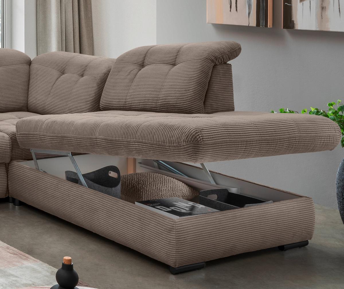 Wohnlandschaft Mit Bettkasten Rigatti Graubraun B: 387 Cm - Graubraun/Schwarz, MODERN, Textil (184/387/252cm) - Livetastic