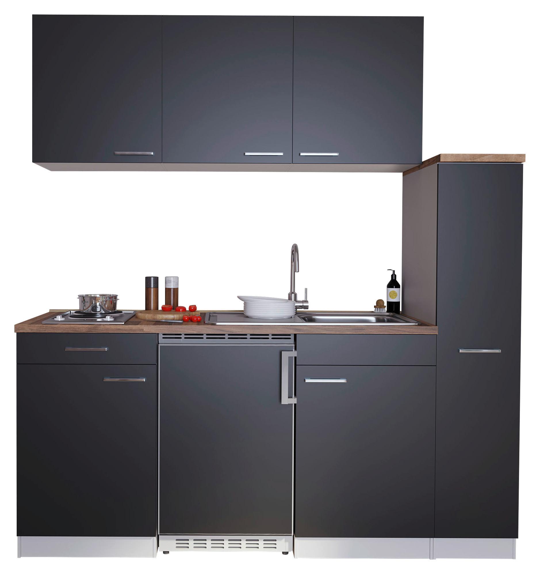 Küchenzeile Economy mit Geräten 180 cm Schwarz/Nussbaum Dekor - Nussbaumfarben/Schwarz, Basics, Holzwerkstoff (180cm) - Respekta