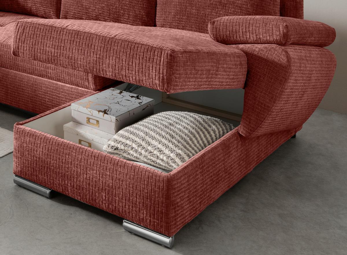 Wohnlandschaft Terana Koralle mit Schlaffunktion, Mikrofaser - Chromfarben/Koralle, KONVENTIONELL, Textil (219/305/157cm) - Livetastic