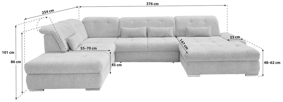 Wohnlandschaft Dalida Mit Schlaffunktion Braun/Grau - Chromfarben/Braun, Design, Textil (254/376/195cm) - Livetastic