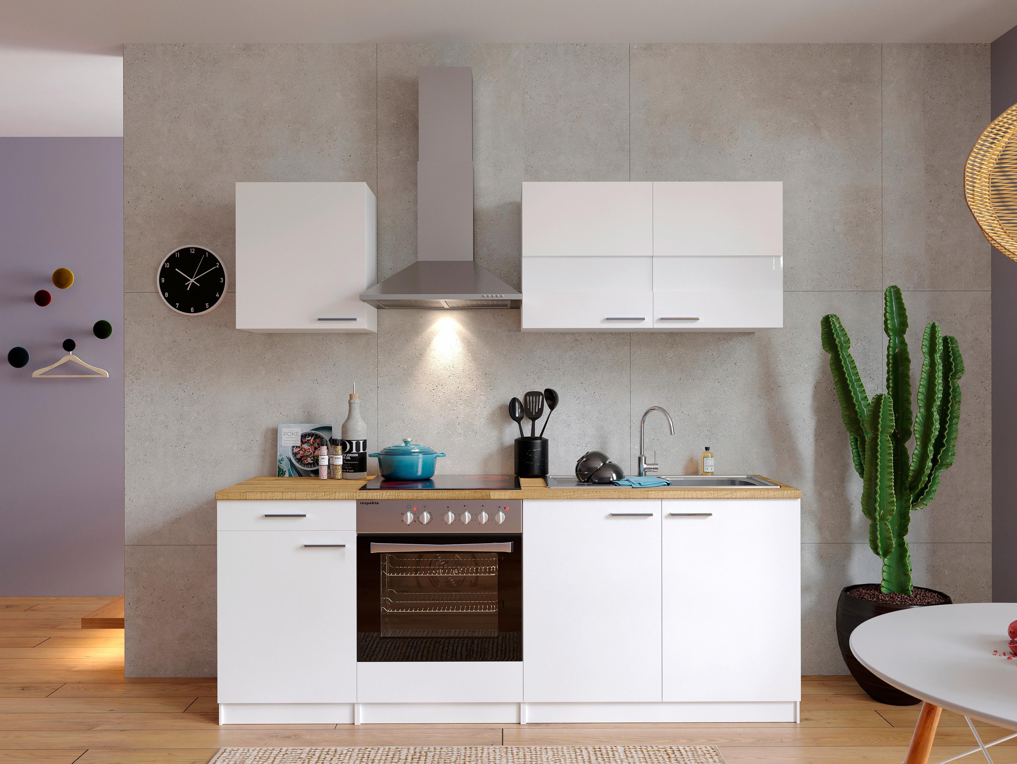 Küchenzeile Economy mit Geräten 210 cm Weiß/Nussbaum Dekor - Nussbaumfarben/Weiß, Basics, Holzwerkstoff (210cm) - Respekta