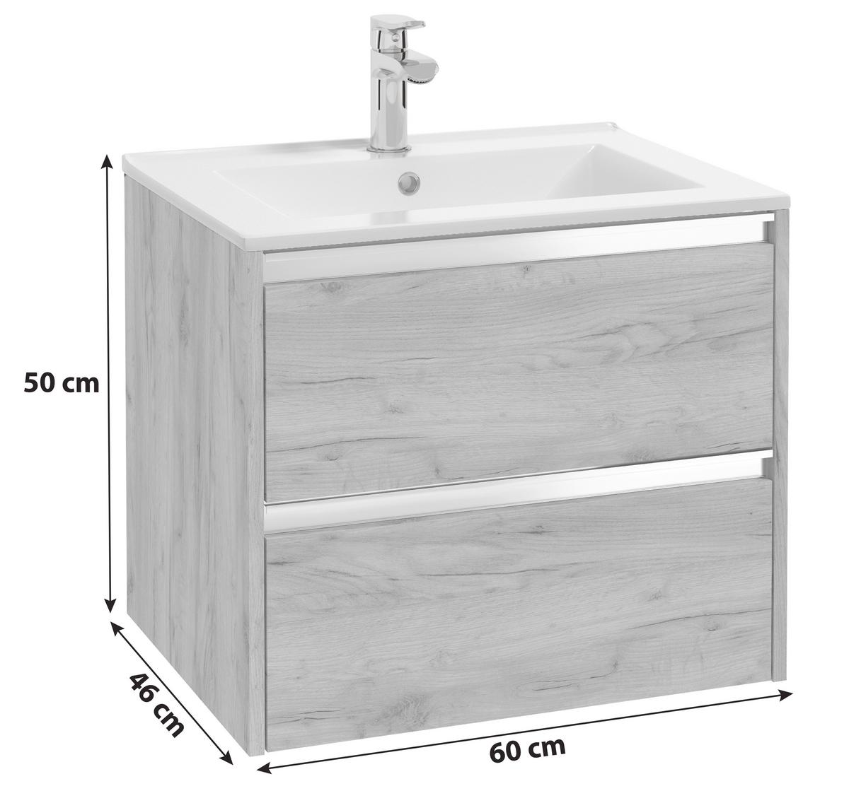 Waschbecken mit Unterschrank Nena B: 59 cm Eiche Dekor - Eichefarben/Weiß, MODERN, Keramik/Holzwerkstoff (60cm) - MID.YOU