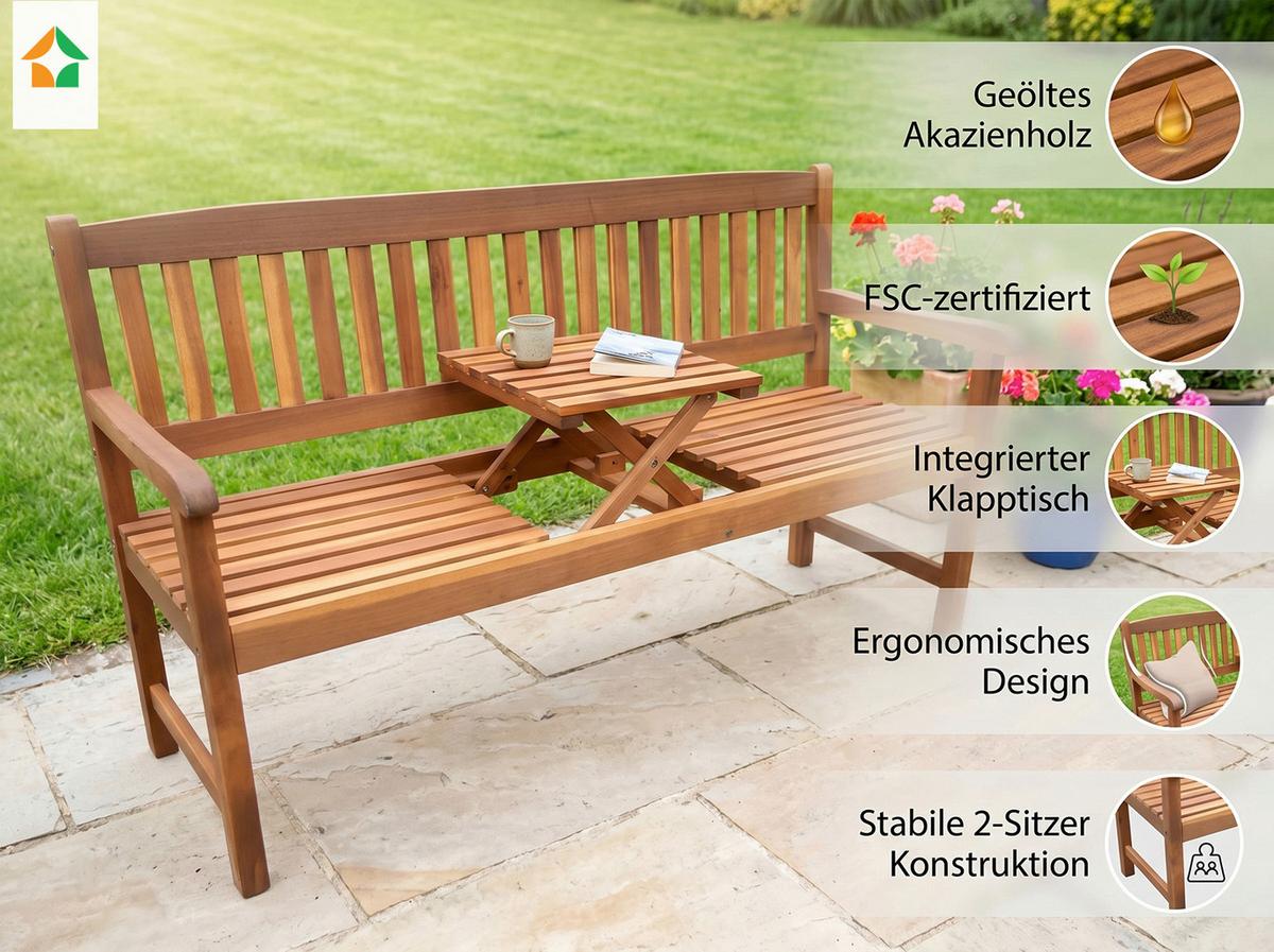 2-Sitzer mit Bank LxBxH: ca. 153x57x88 cm - Akaziefarben, Basics, Holz (153/57/88cm) - Prestige Home