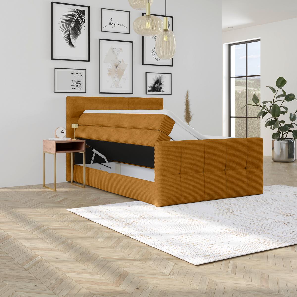 Boxspringbett Mit Topper & Bettkasten 140x200 Medino - Senfgelb, KONVENTIONELL, Holz/Holzwerkstoff (140/200cm)
