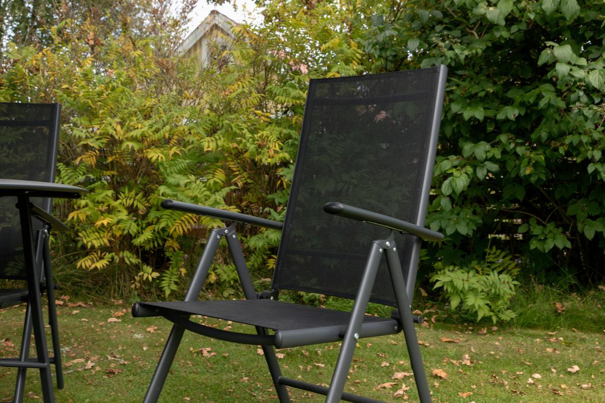 Gartentischgruppe 8-Tlg Brekki aus Aluminium mit Schirm - Schwarz, KONVENTIONELL, Glas/Metall - Gardenson