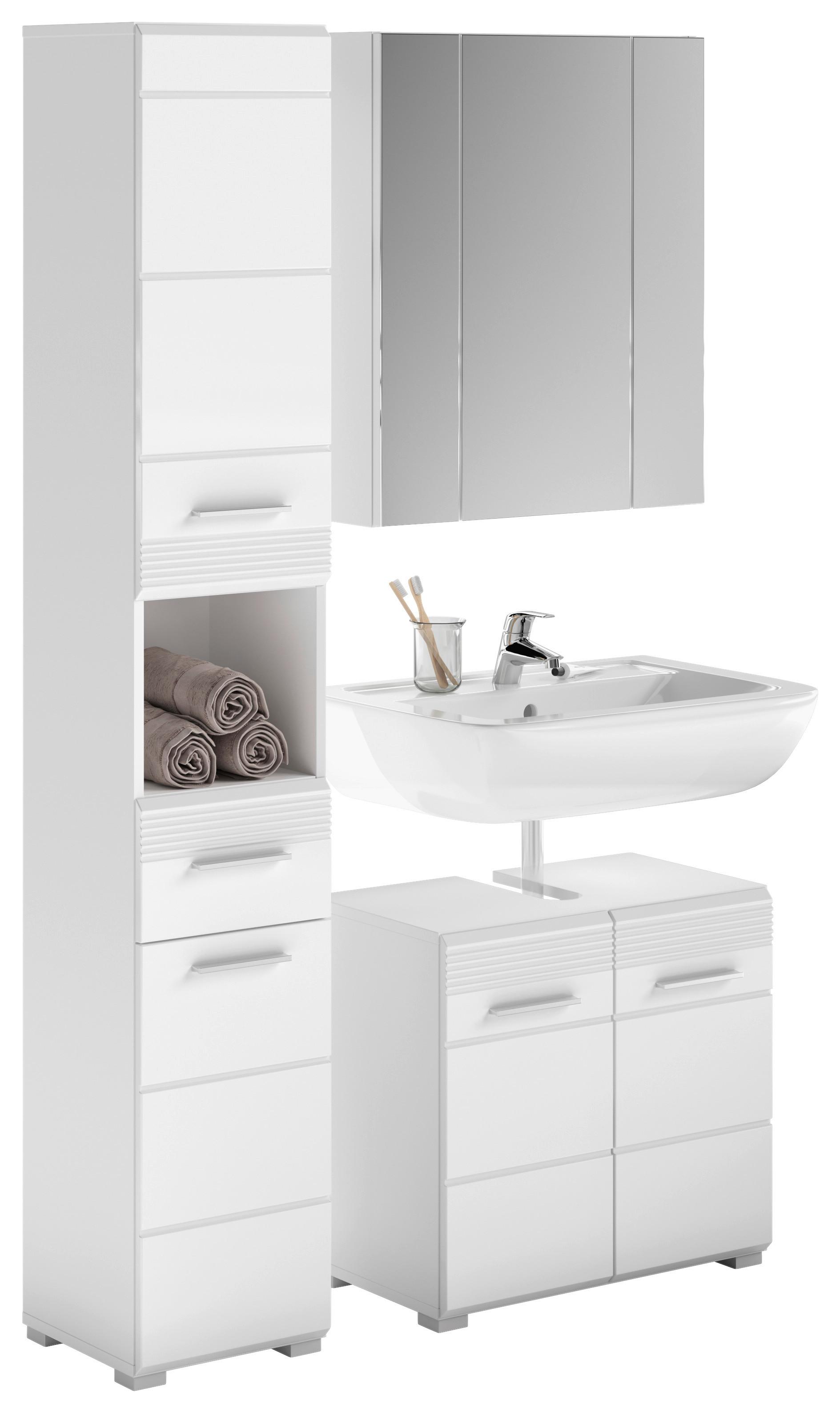 Badezimmer Linus Weiß Hochglanz B: 90 cm - Weiß Hochglanz/Silberfarben, MODERN, Glas/Holzwerkstoff (90cm) - MID.YOU