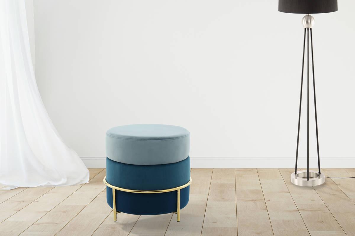 Hocker Pouf Samt Blau H: 46 cm Rund - Blau/Goldfarben, Basics, Holzwerkstoff/Textil (48,5/46/48,5cm) - Kayoom