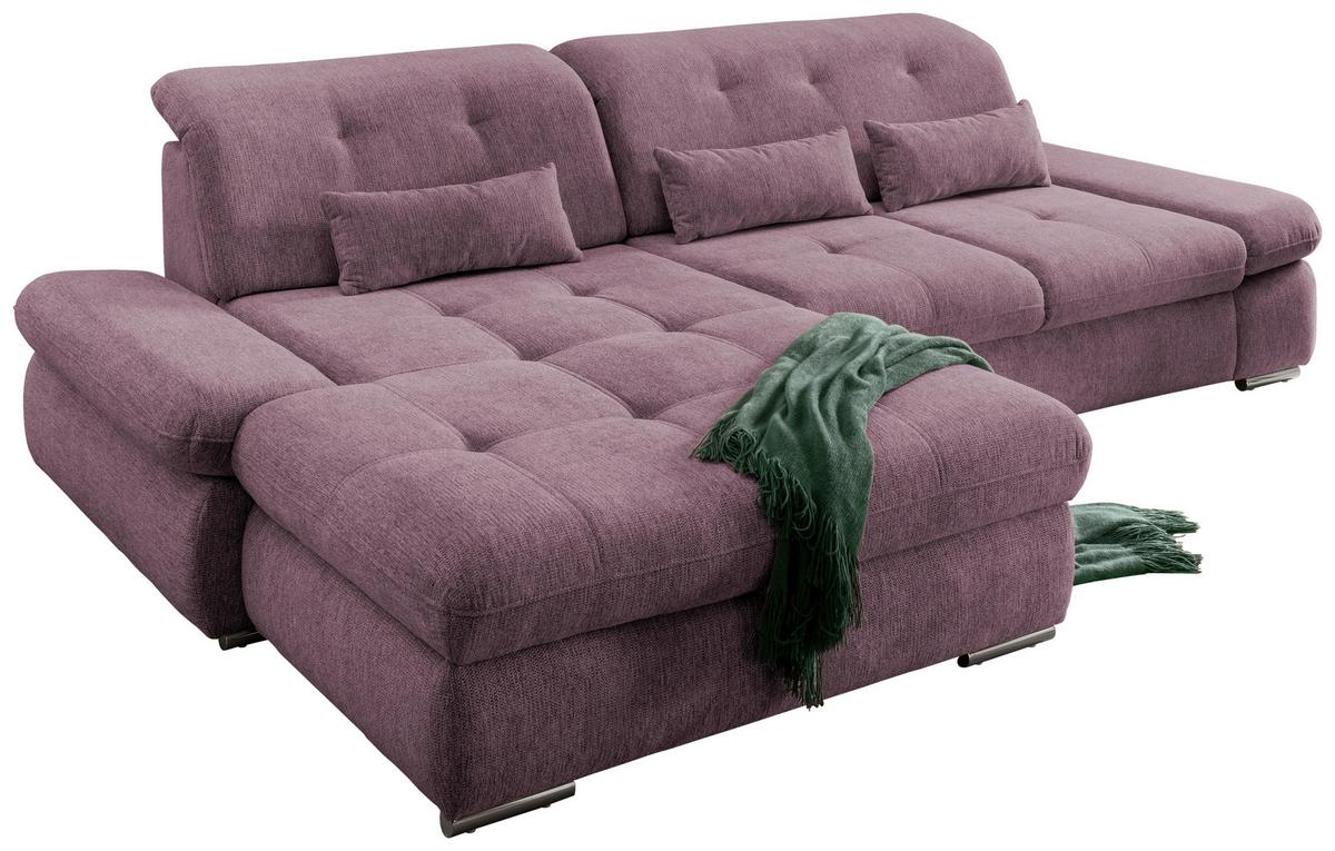 Brombeerfarbenes Ecksofa mit Nierenkissen, Armlehnen und verstellbaren Kopfteilen