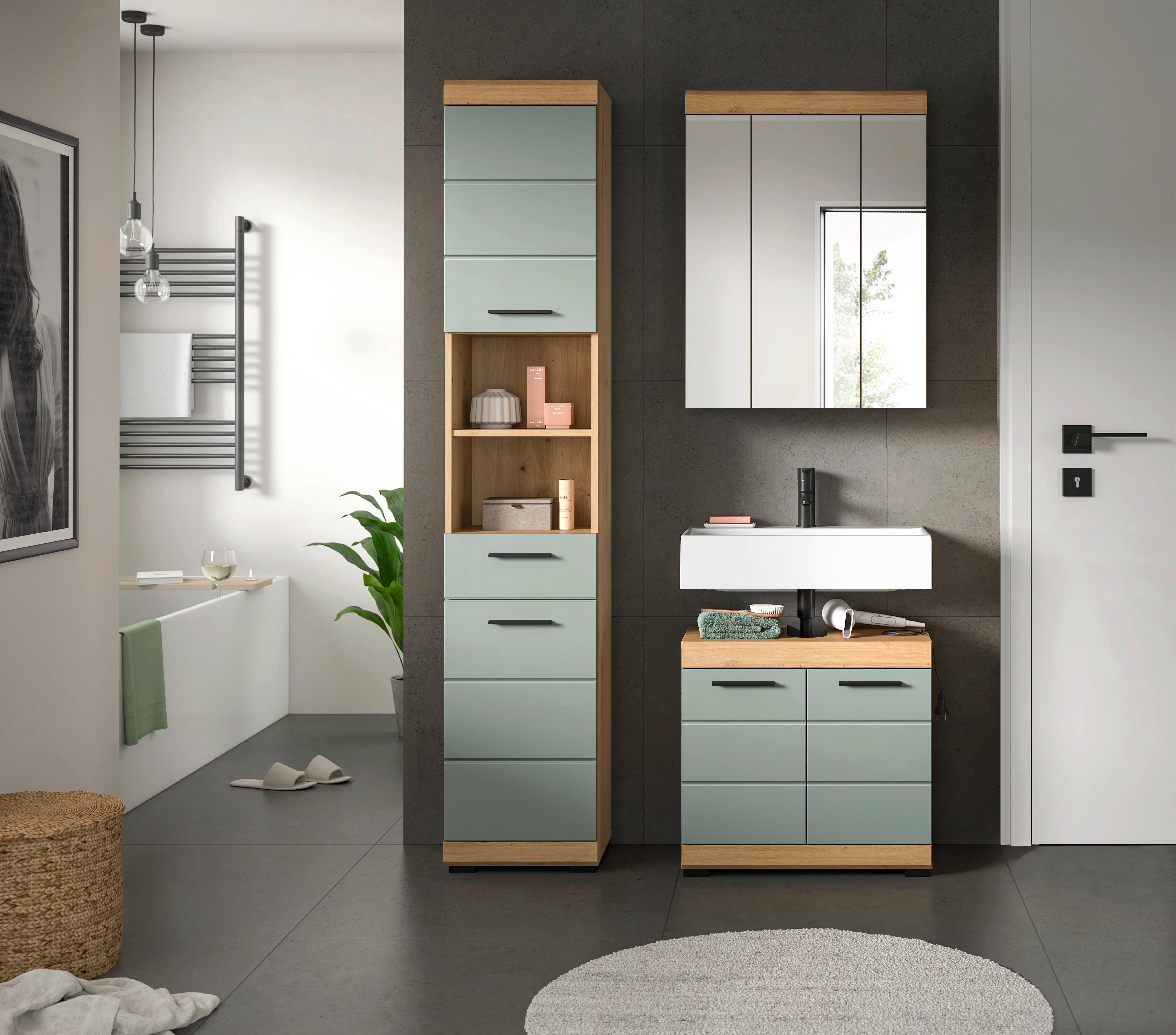 Badezimmer Scout Eiche Dekor/Salbeigrün B: 97cm - Salbeigrün/Eichefarben, MODERN, Glas/Holzwerkstoff (97cm) - MID.YOU