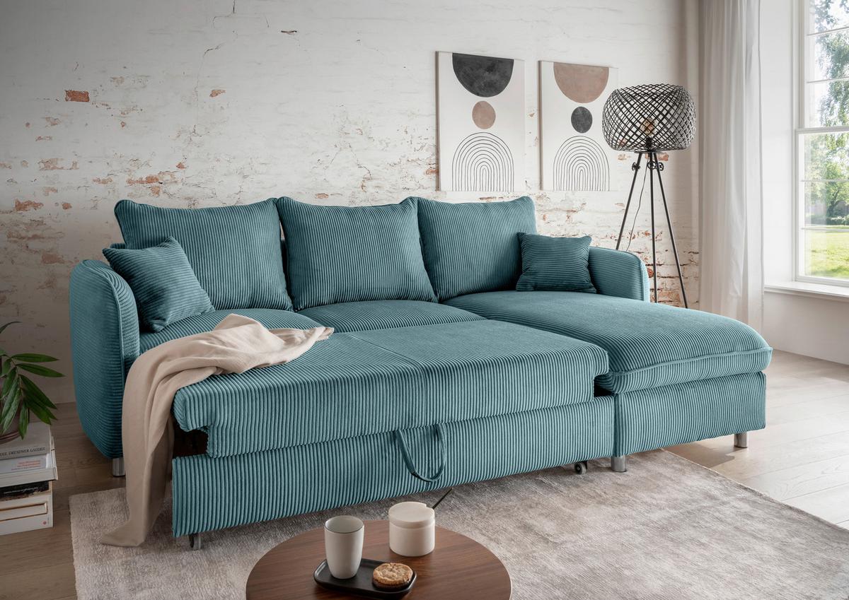 Eckschlafsofa Lauritio Petrol S: 254x160 cm - Chromfarben/Petrol, MODERN, Textil (254/160cm) - Livetastic
