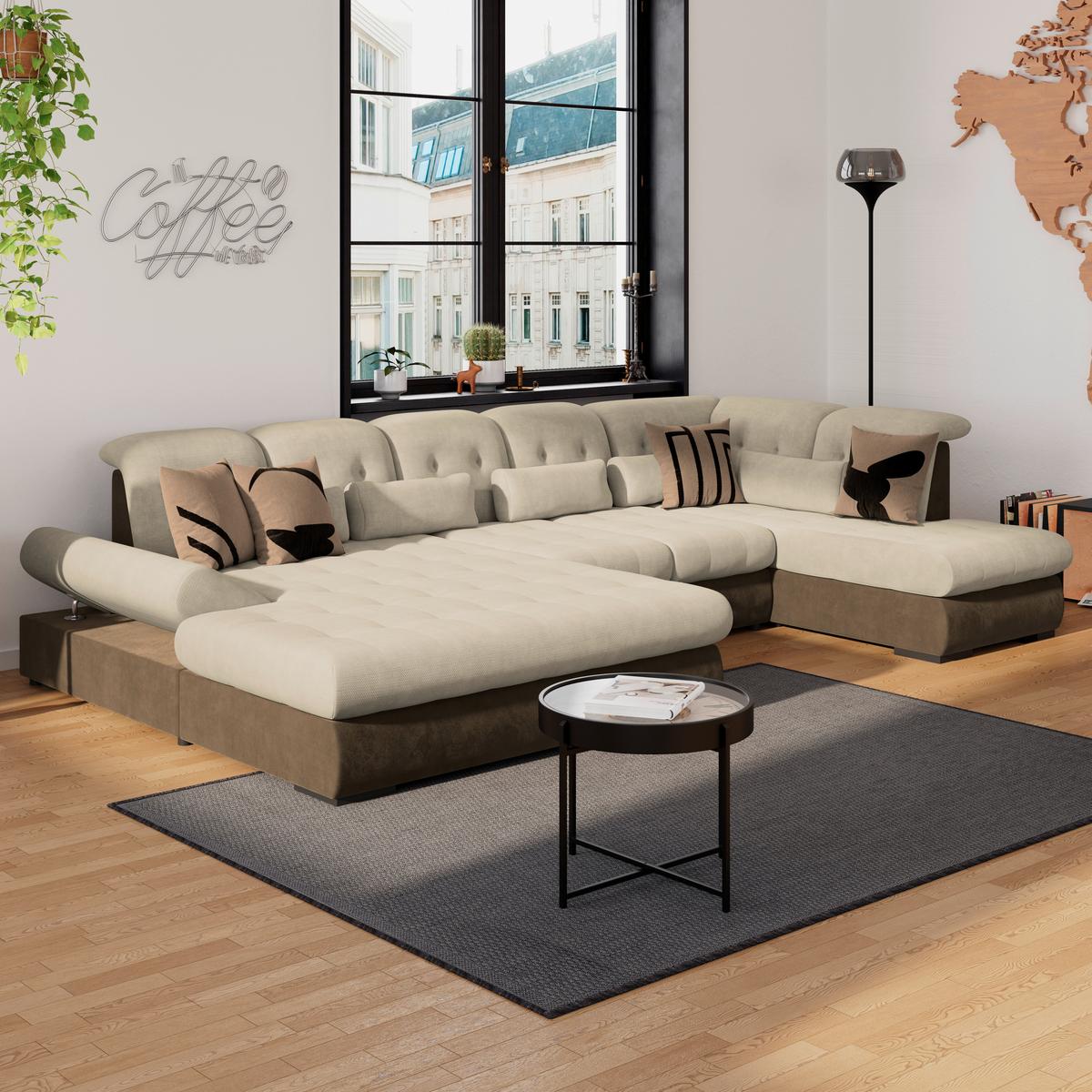 Wohnlandschaft Madera Cremefarben, S: 358x212 cm - Hellbraun/Creme, KONVENTIONELL, Kunststoff/Textil (190/358/212cm)