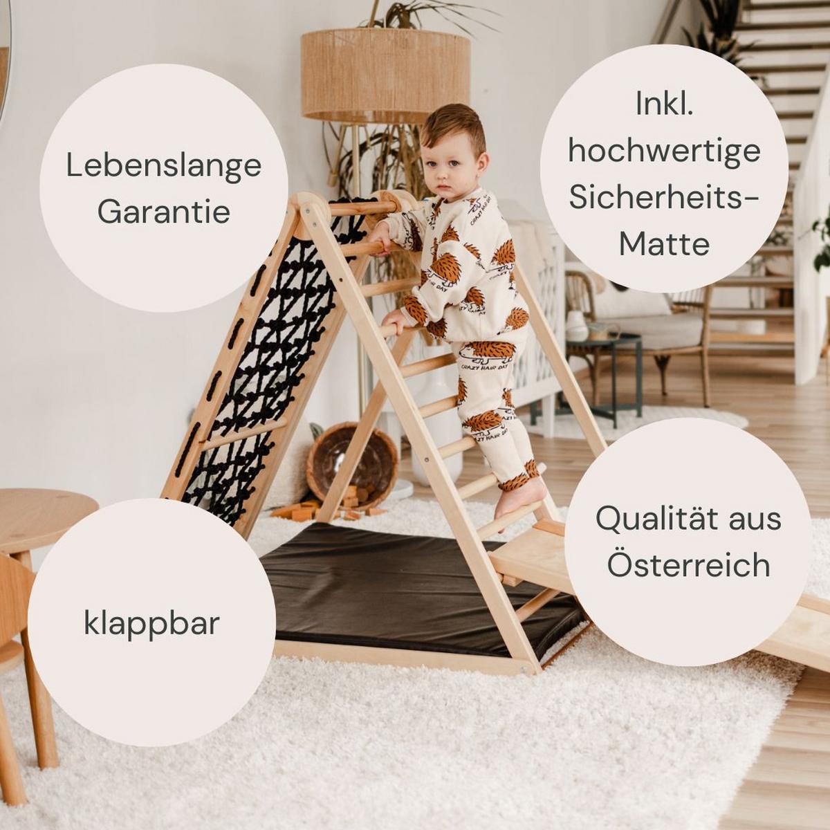 klappbares Klettergerüst mit Sicherheitsmatte - Birkefarben/Schwarz, Basics, Holz (105/110/100cm) - CLIFF