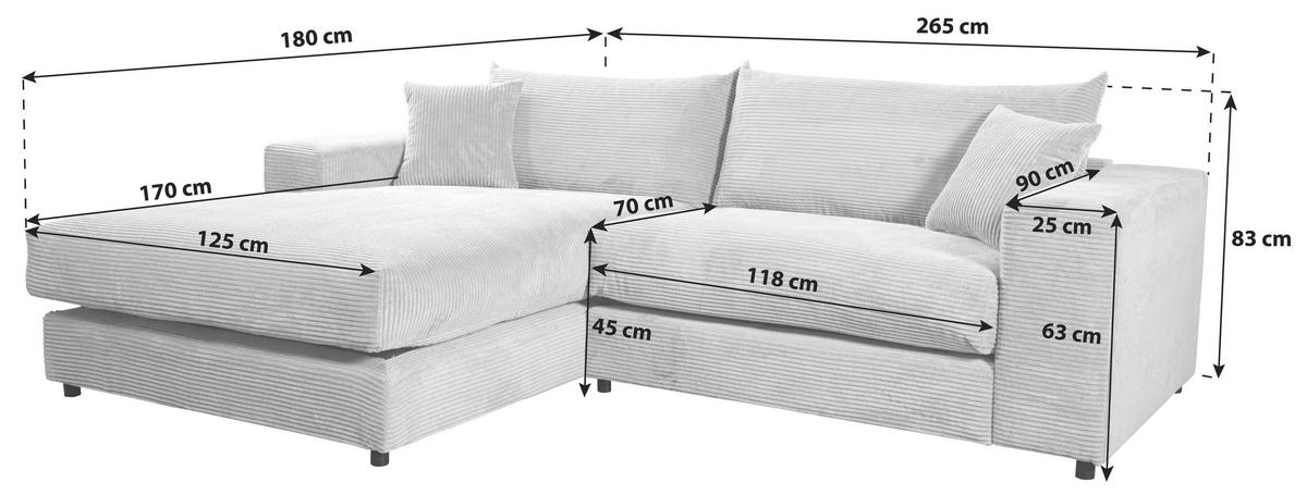 Ecksofa Funny S Links Dunkelgrau, Schenkel:180x265cm - Dunkelgrau/Schwarz, Basics, Textil (180/265cm) - Livetastic